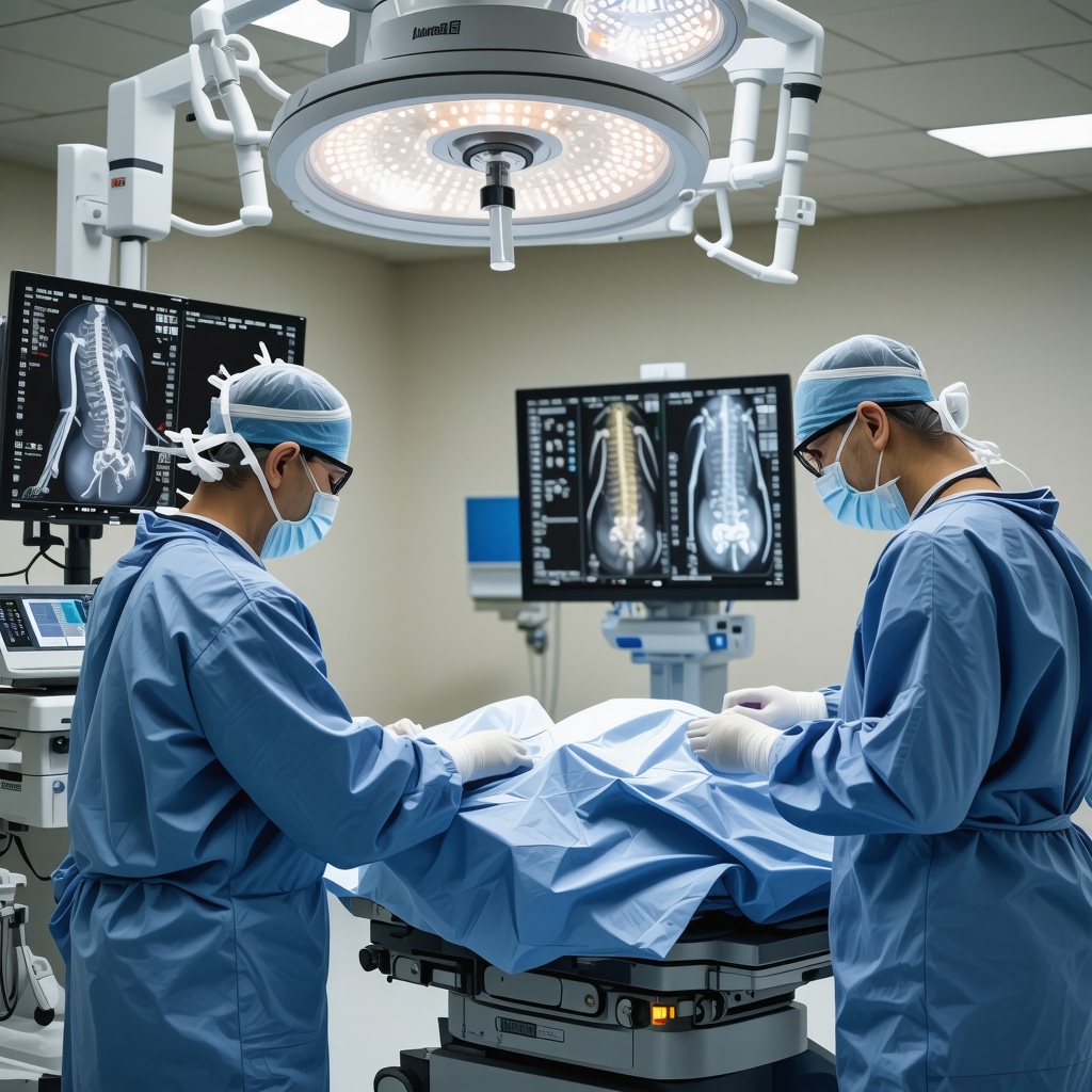 Spine surgeon performing robotic-assisted spinal decompression with 3D imaging screens displaying spinal anatomy