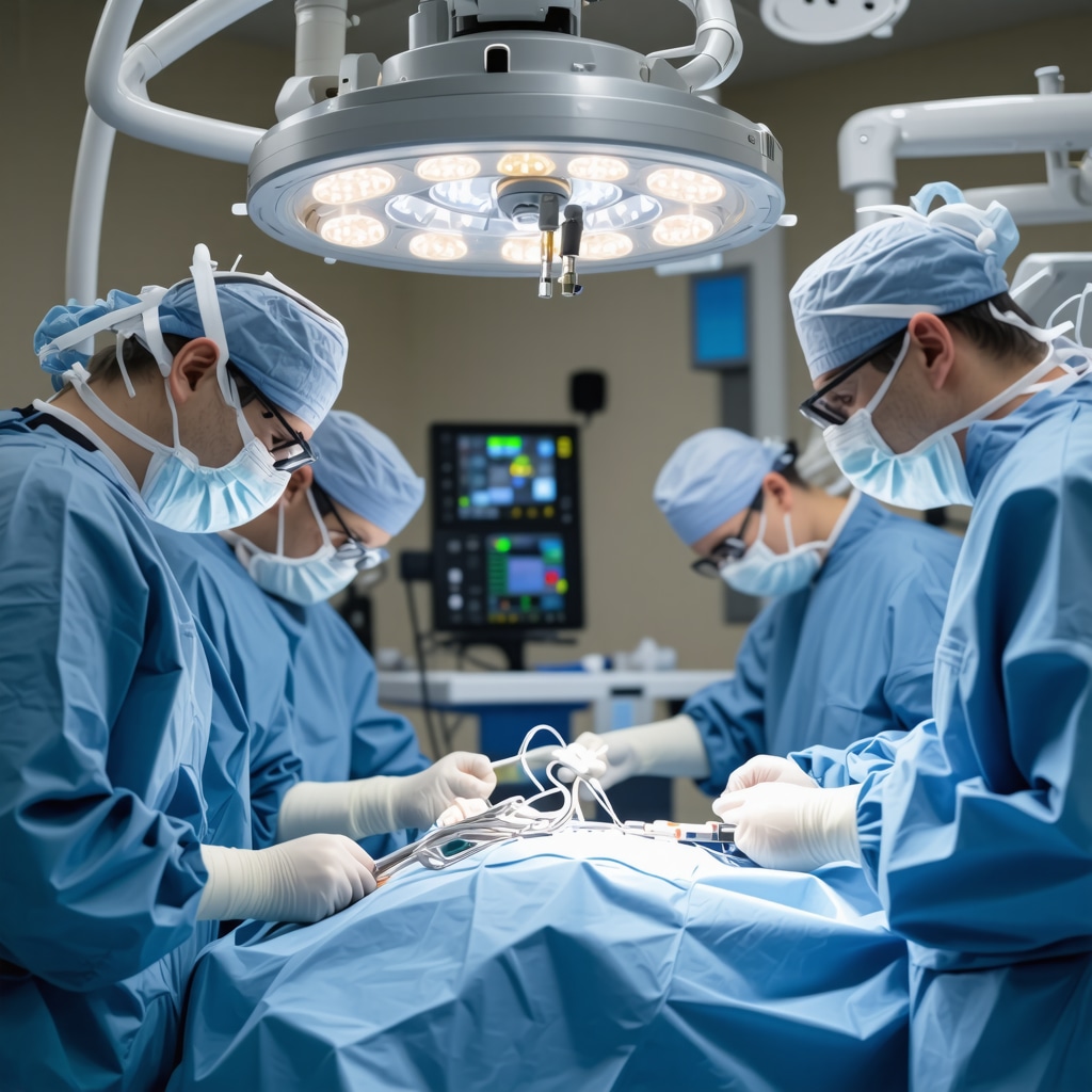 Robotic arms and surgeons performing minimally invasive spine surgery with real-time data integration in a high-tech NJ surgical suite