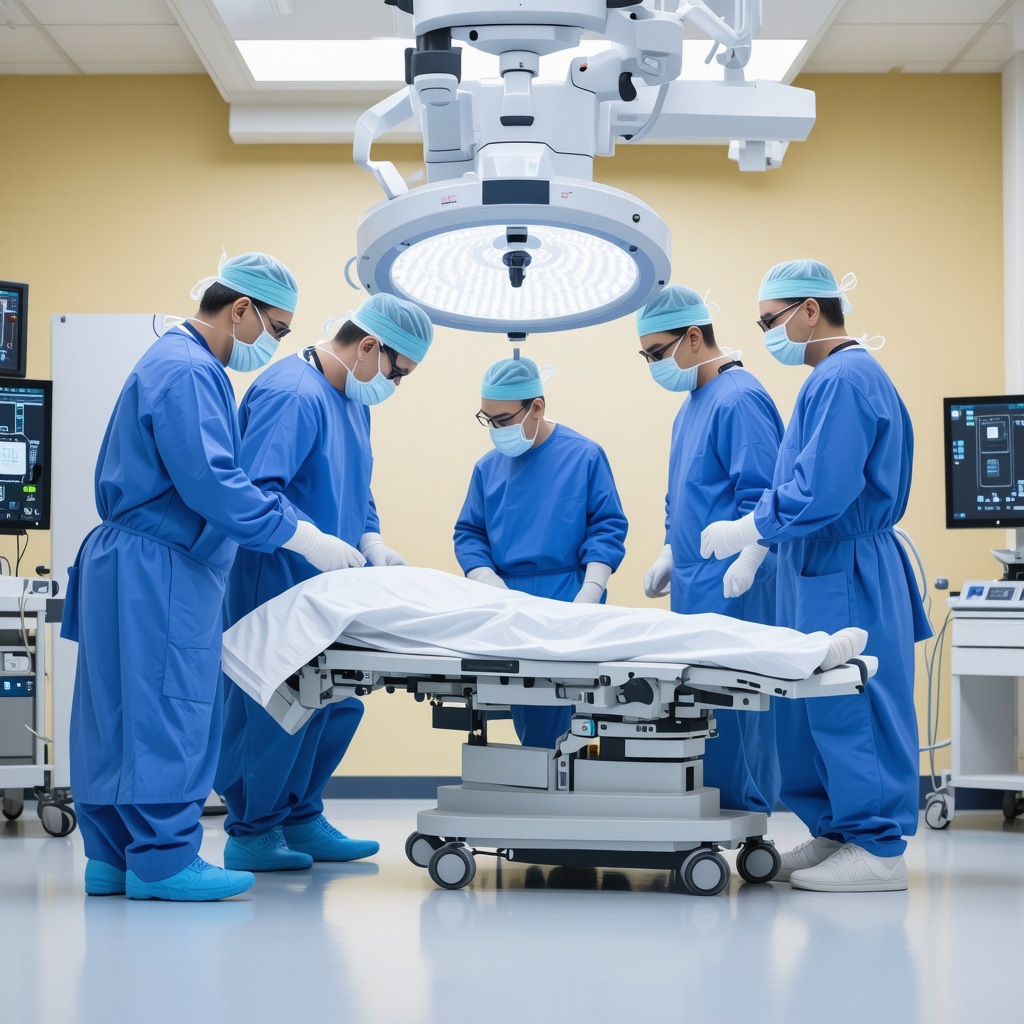 Medical team performing robotic-assisted spine surgery with patient consultation emphasizing communication