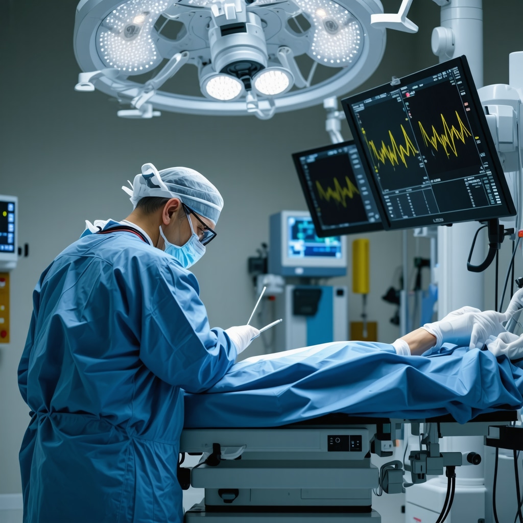 Spine surgeon operating with robotic assistance and AI technology in a modern surgical suite