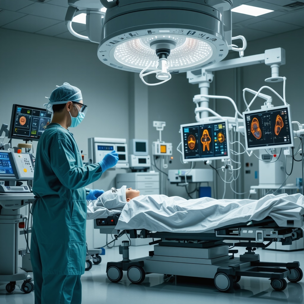 Surgeon performing robotic-assisted spine surgery with advanced imaging in a modern operating room