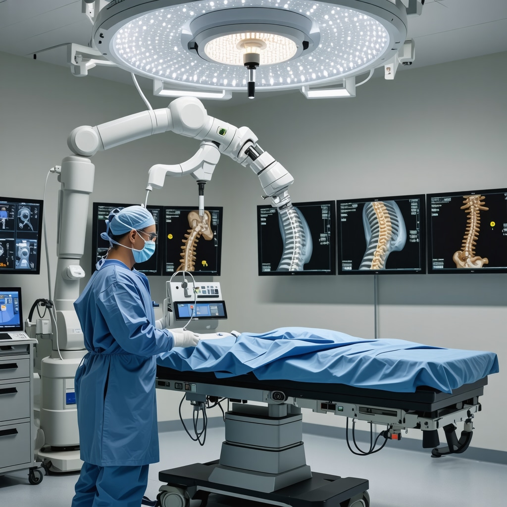 Surgeon using robotic arm for spine surgery with digital imaging