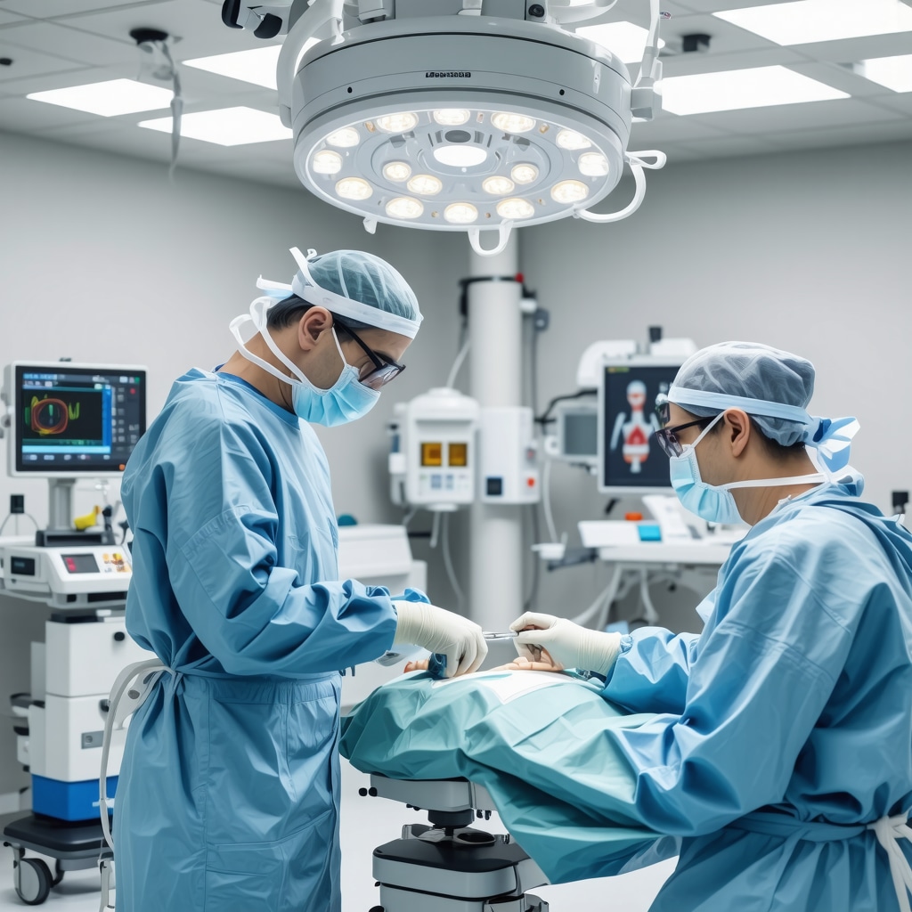 Spine surgeon operating robotic-assisted system with AI during disc replacement surgery in a high-tech NJ surgical room