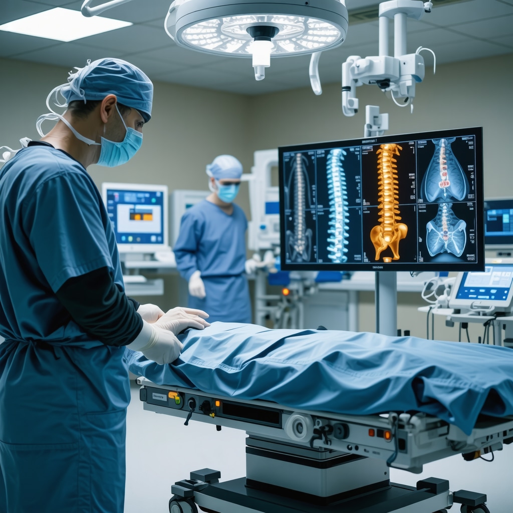 Orthopedic spine surgeon using robotic-assisted surgery equipment and AI 3D models in New Jersey operating room