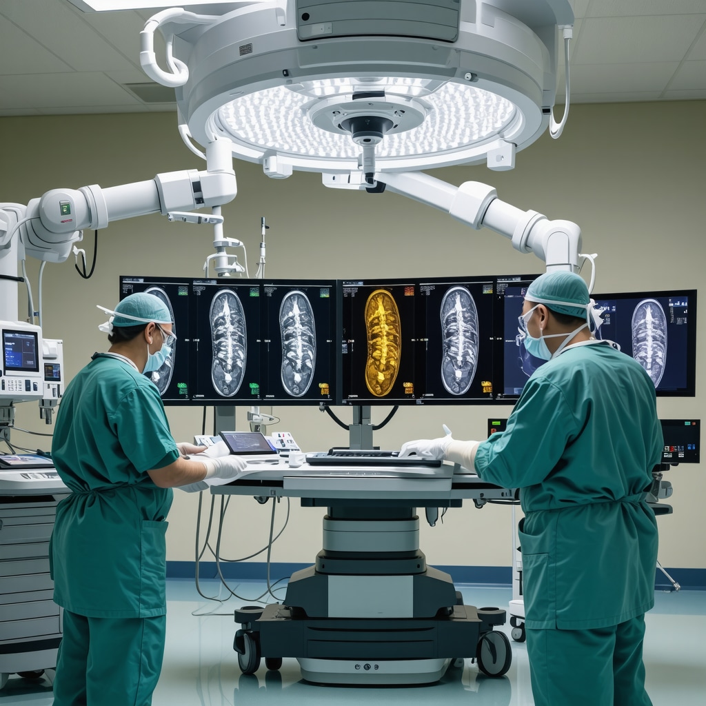 Surgeon operating a robotic spine surgery system with 3D imaging displays showing spinal anatomy and dynamic MRI