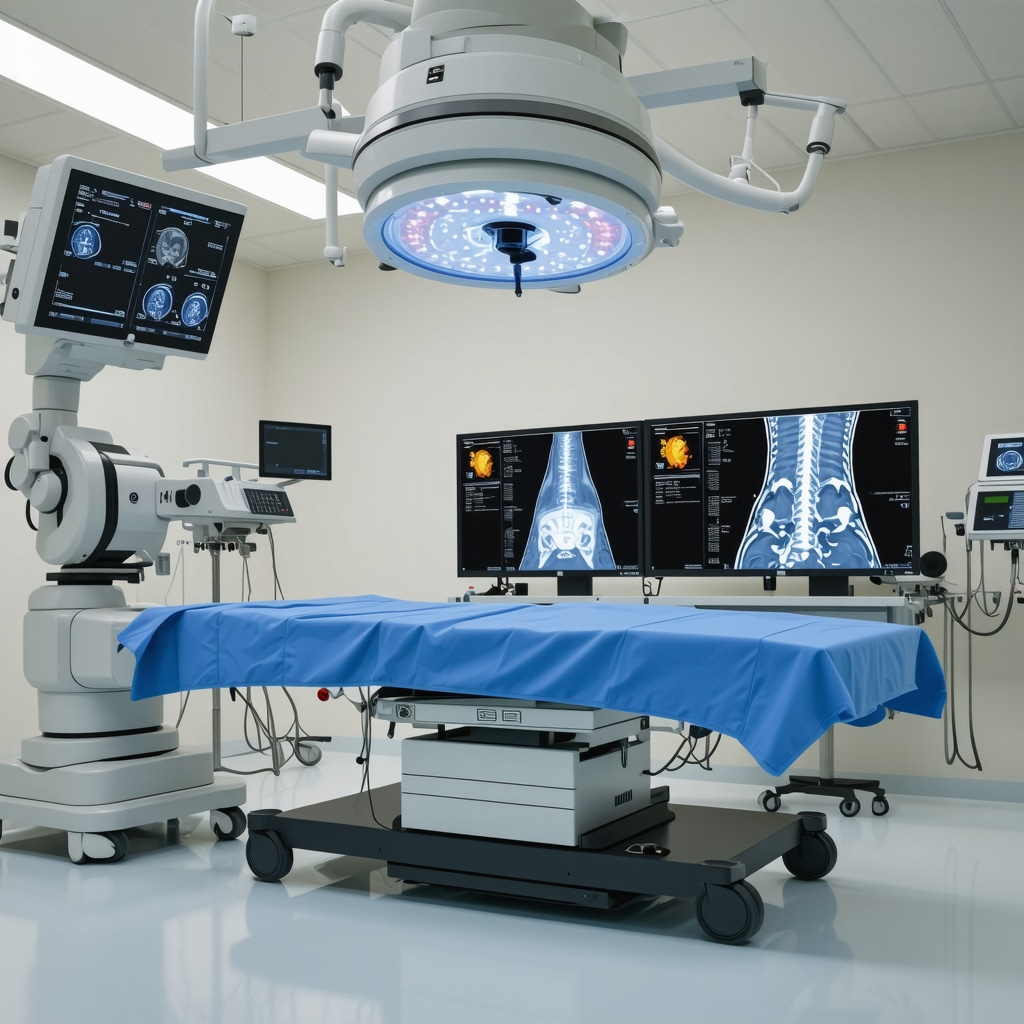 Robotic-assisted spine surgery procedure with spinal imaging screens in a modern hospital