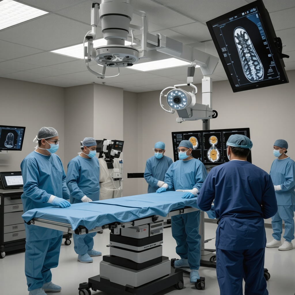 Medical team using robotic-assisted spine surgery technology and advanced imaging in a modern operating room