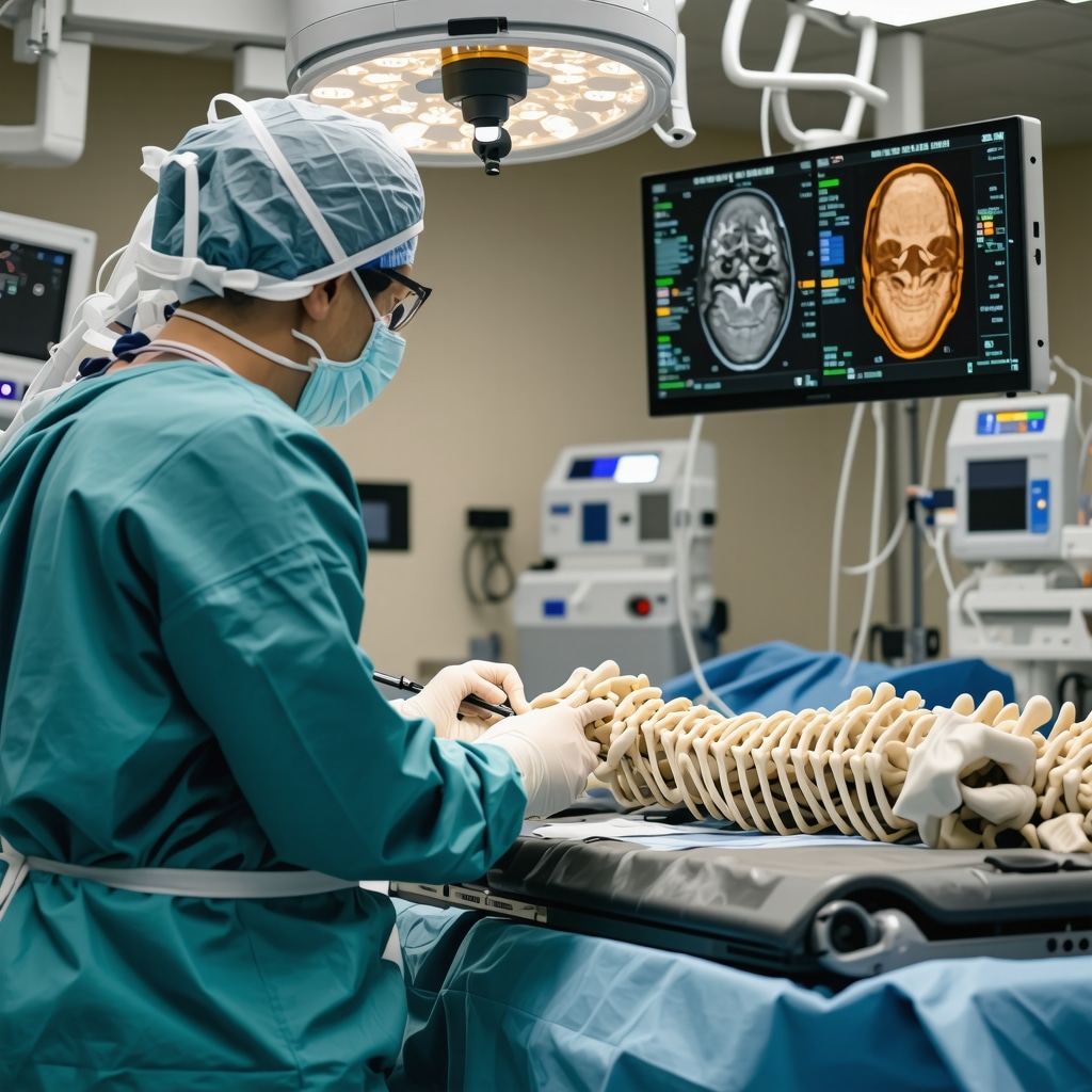 Surgeon performing robotic-assisted spine surgery using advanced 3D navigation technology in NJ operating room