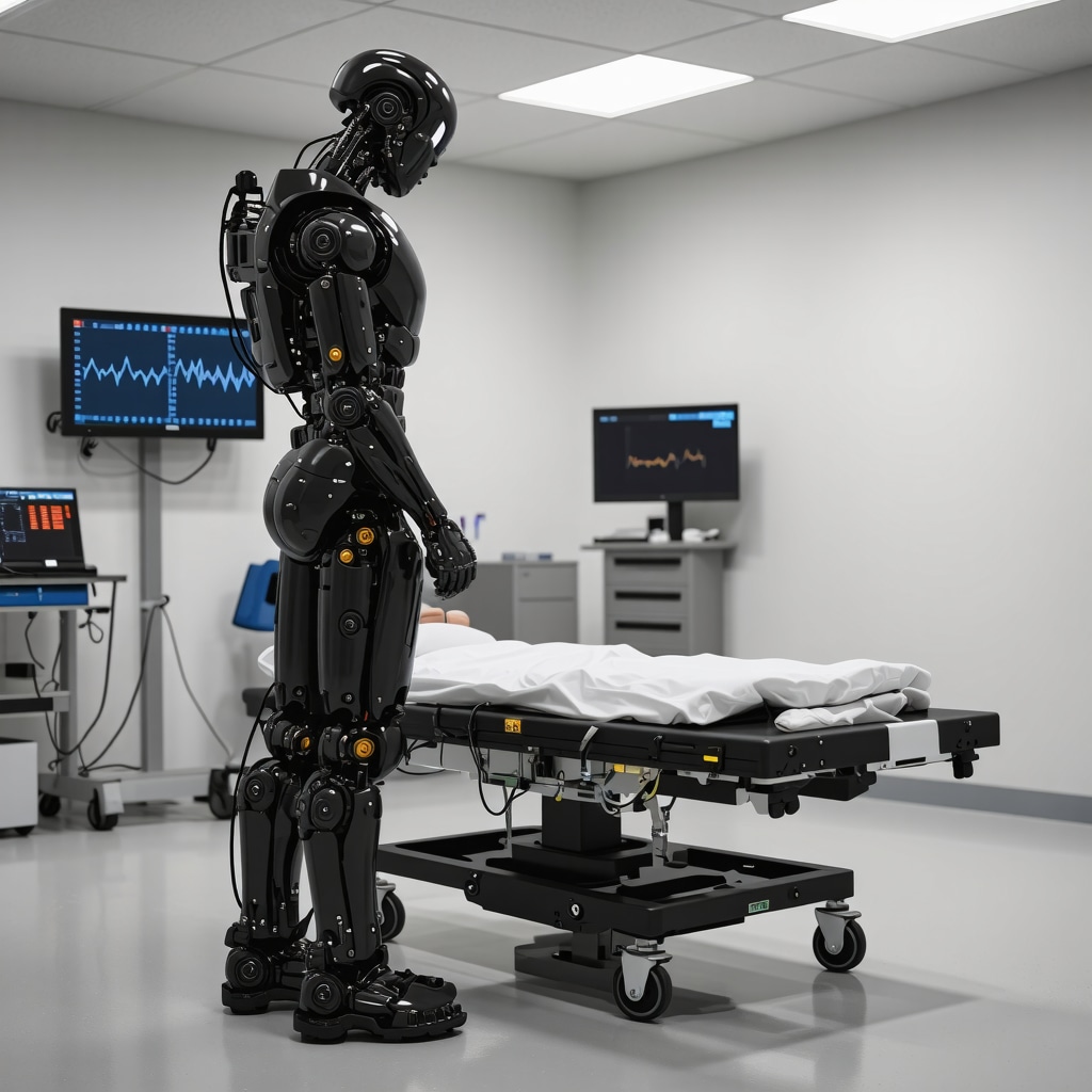 Patient using robotic exoskeleton for gait training with digital biofeedback display in rehabilitation center