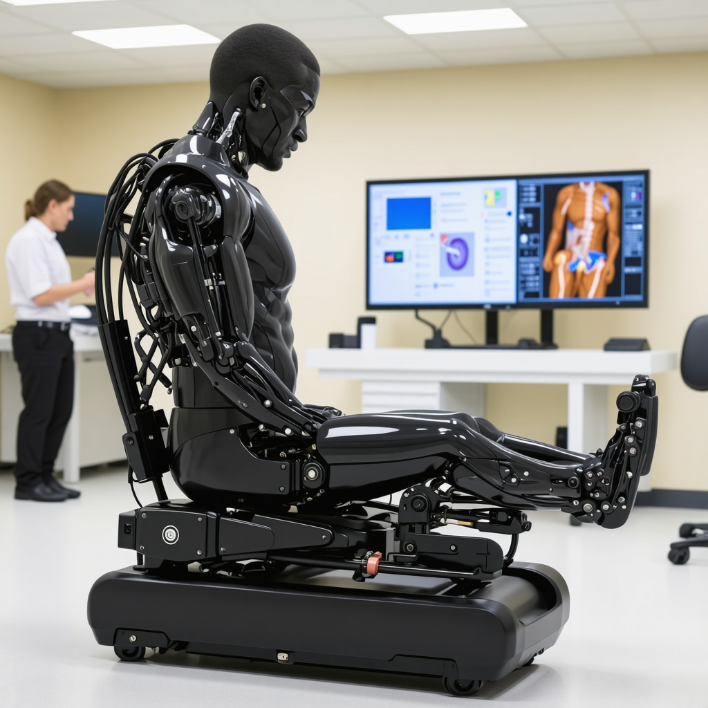 Patient undergoing spine rehabilitation with robotic exoskeleton and clinicians reviewing biomechanical data