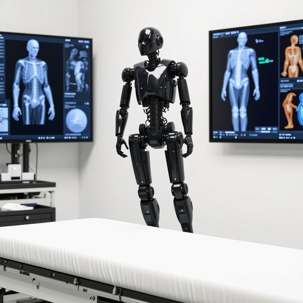 Patient undergoing robotic exoskeleton therapy with AI and biomechanical modeling displays in a New Jersey rehab center