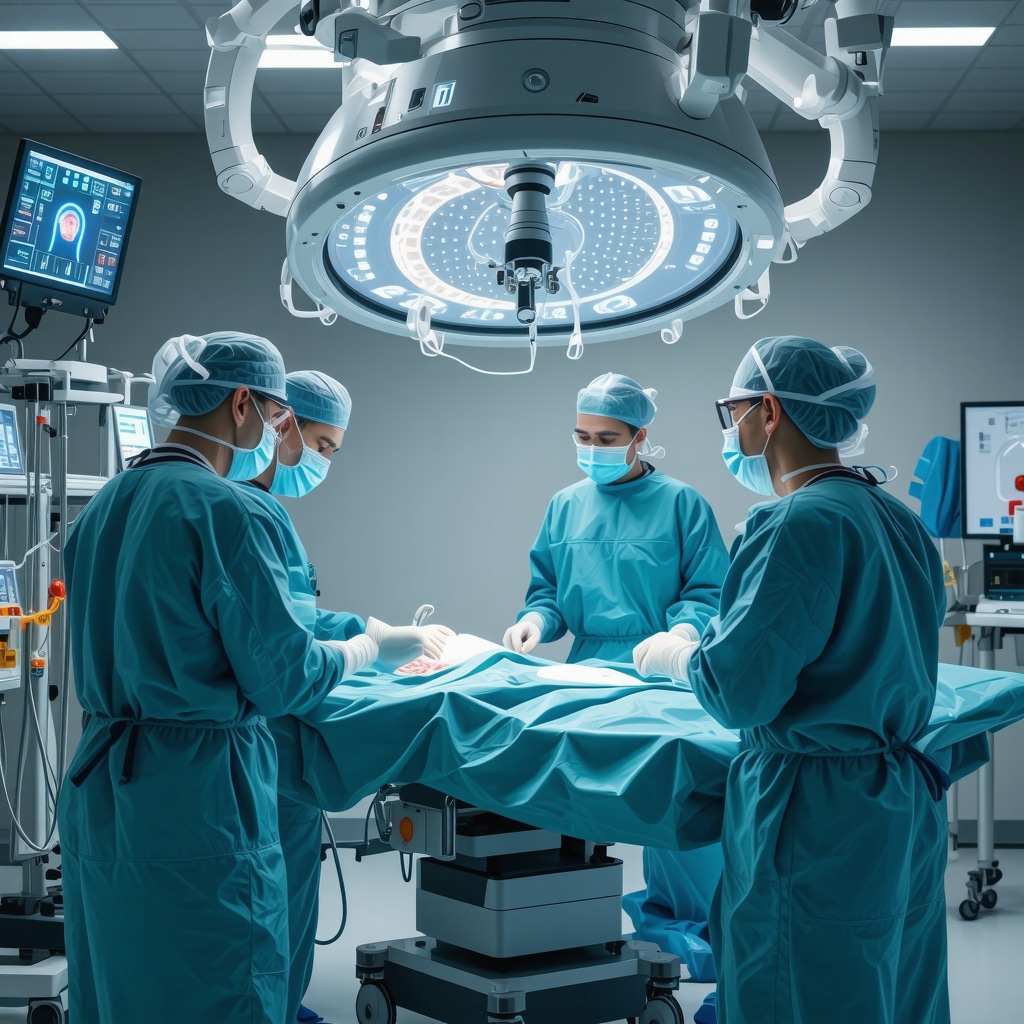 Futuristic robotic spine surgery system displaying dynamic biomechanical data in a New Jersey operating room