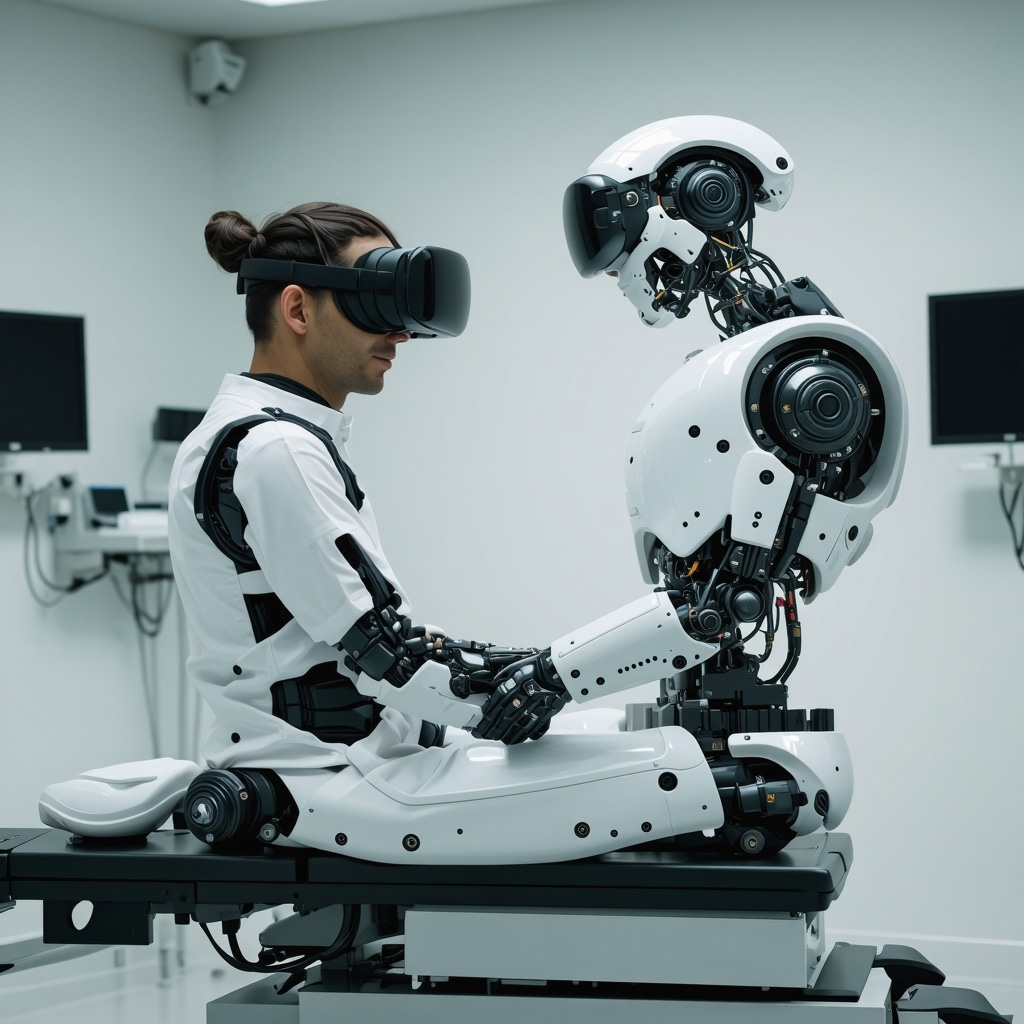 Patient undergoing lumbar spine rehabilitation using robotic exoskeleton and virtual reality technology in a clinical setting