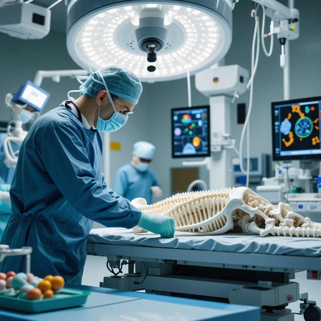 Surgeon performing robotic-assisted disc replacement surgery with 3D spinal visualization and wearable sensors