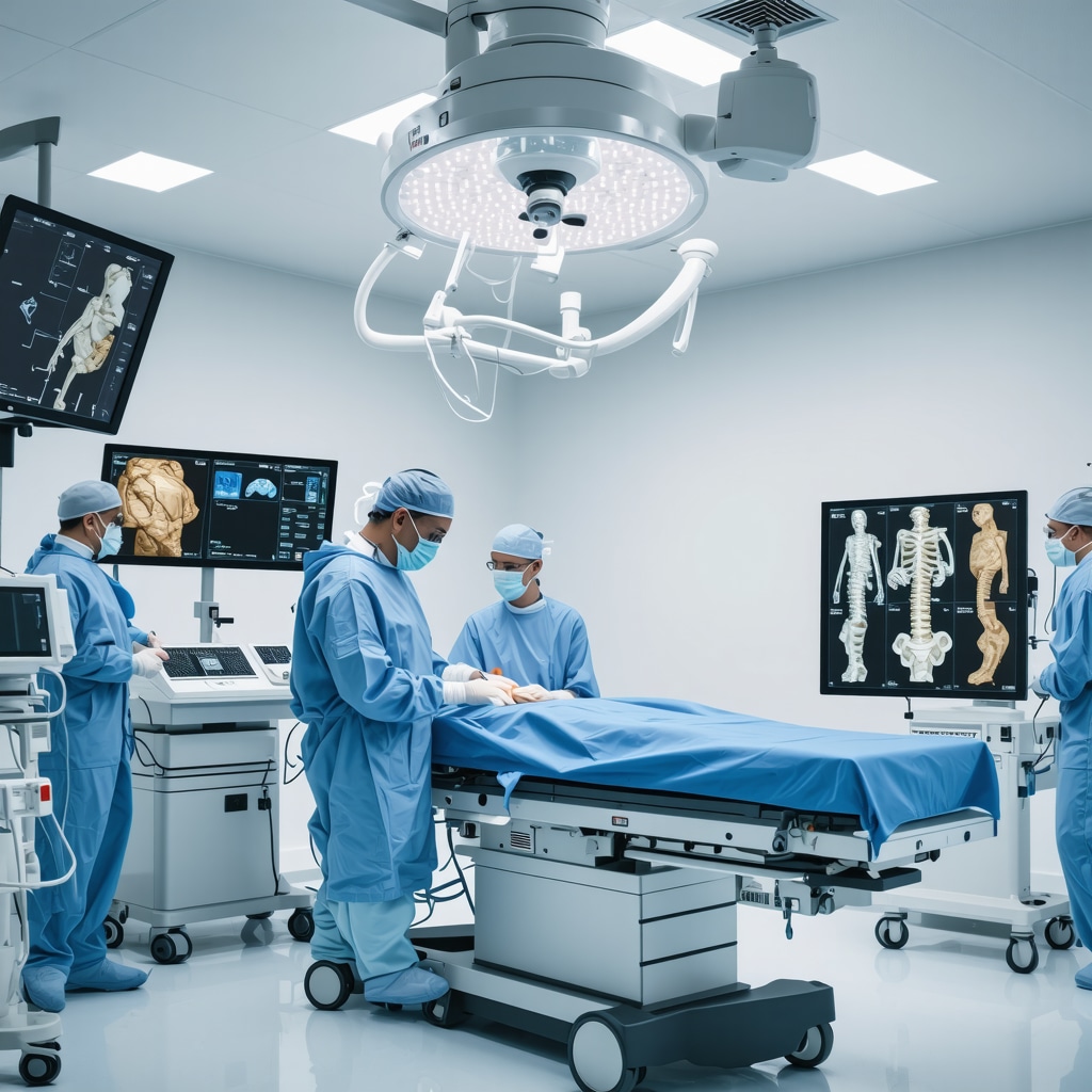 Spine surgeon performing robotic-assisted lumbar surgery using 3D navigation and custom implants in a modern operating room