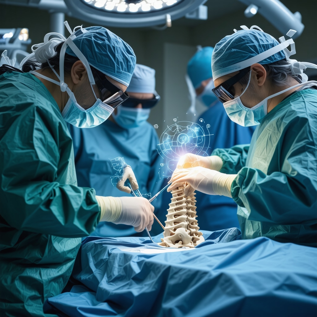 Surgeon performing robotic-assisted microdiscectomy with AI and augmented reality visualization