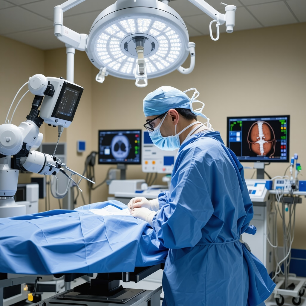 Surgeon performing robotic-assisted spinal decompression surgery with 3D imaging navigation in New Jersey