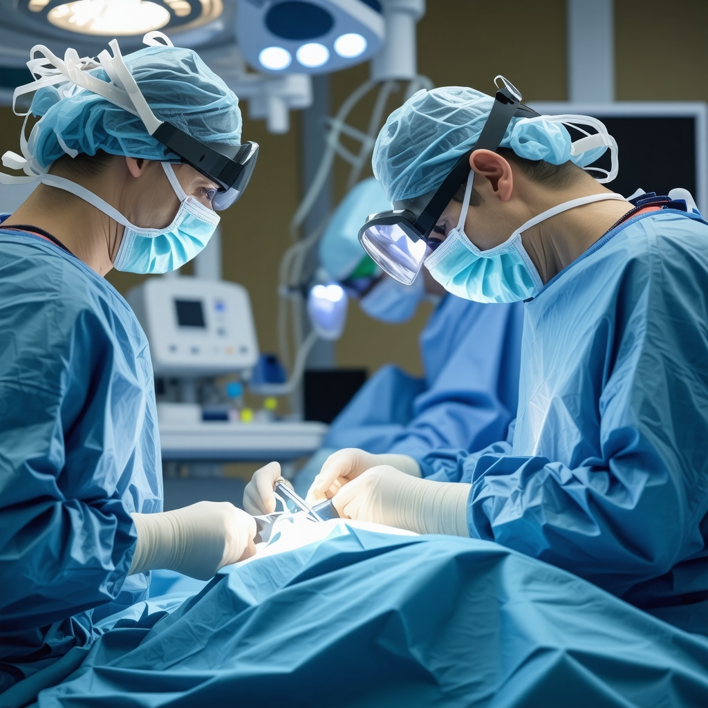 Spine surgeon performing robotic-assisted minimally invasive spinal stenosis surgery with augmented reality guidance