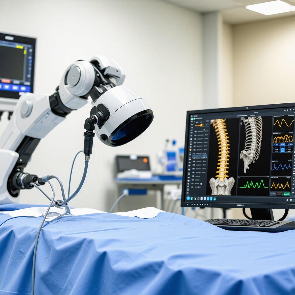 Robotic spine surgery with AI spinal cord stimulator interface in a modern surgical suite