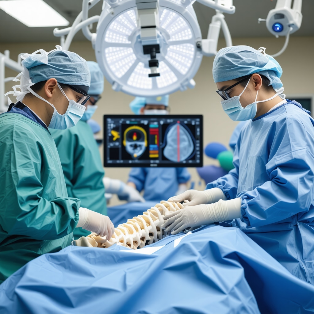 Surgeons performing robotic-assisted spine surgery with AR navigation in a high-tech operating room