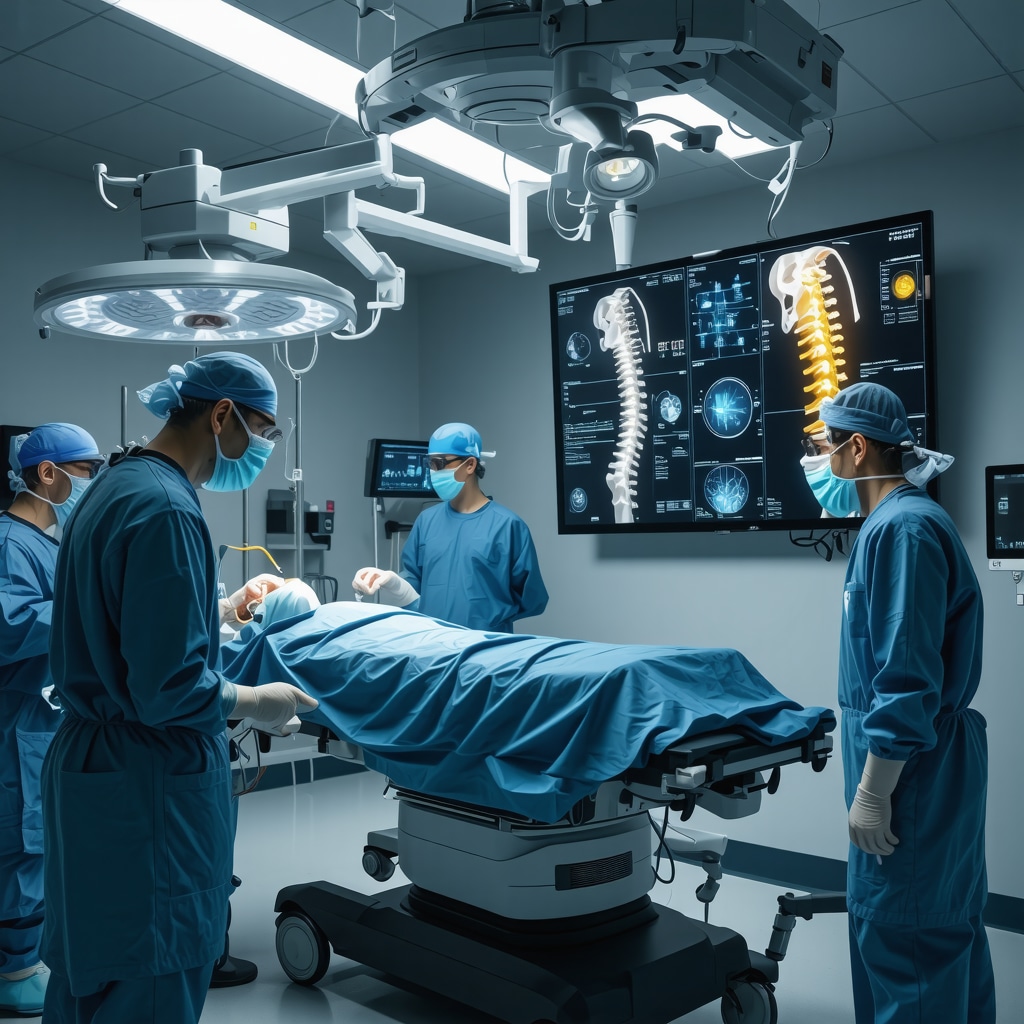 Spine surgeon performing robotic-assisted surgery with AI data displays highlighting precision and personalized care