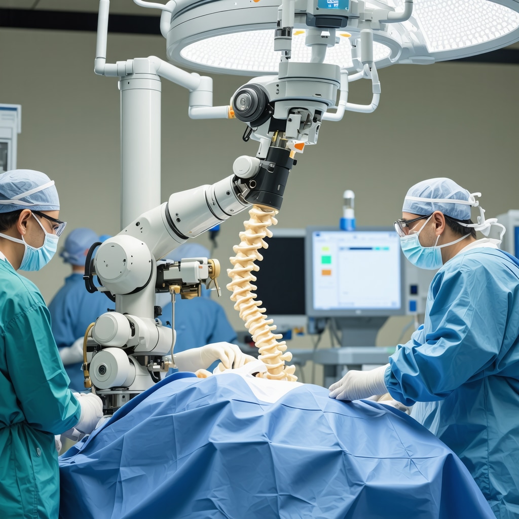 Robotic arm performing spine surgery with AI technology in a modern operating room
