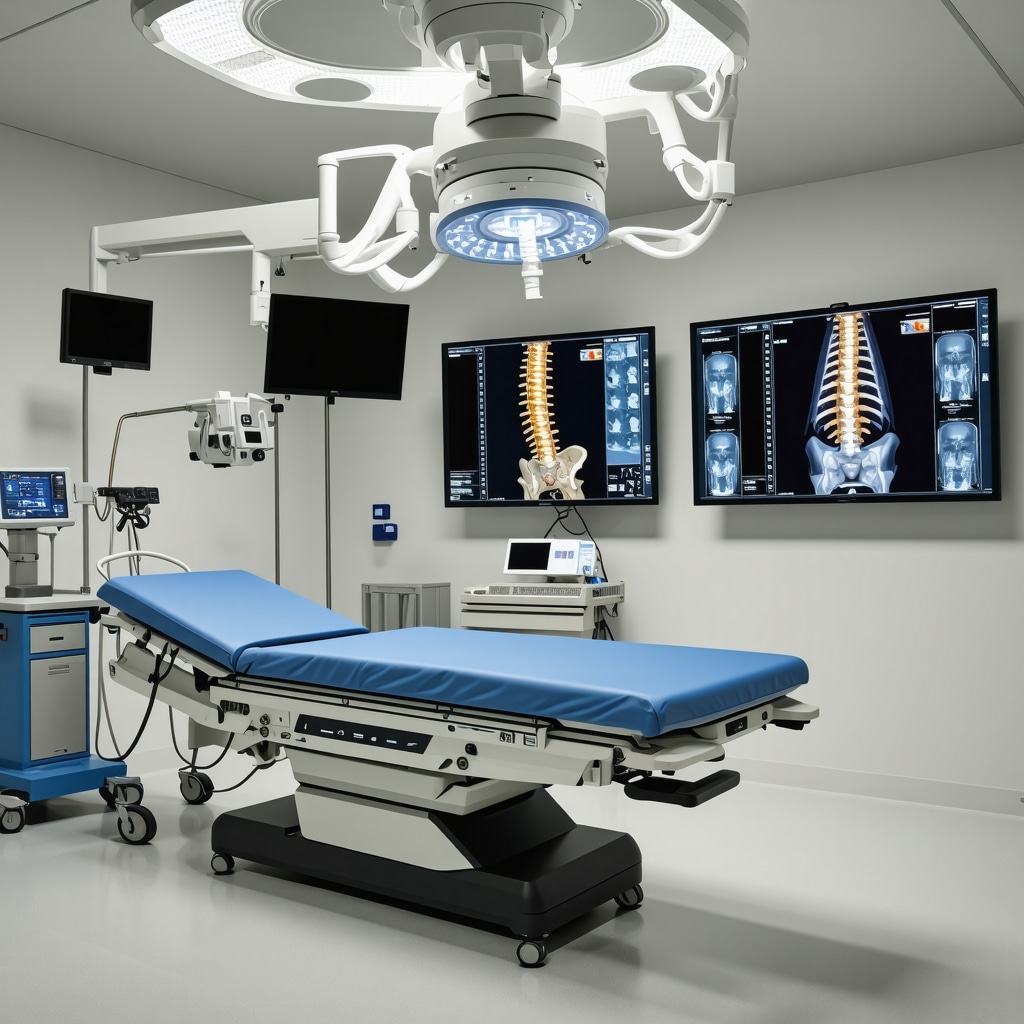Robotic spine surgery system displaying 3D biomechanical models of lumbar spine in surgical suite