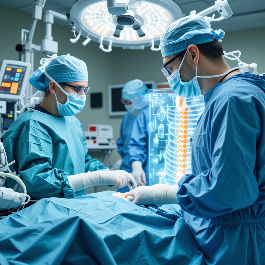 Surgeon performing robotic-assisted spine surgery with augmented reality visualization