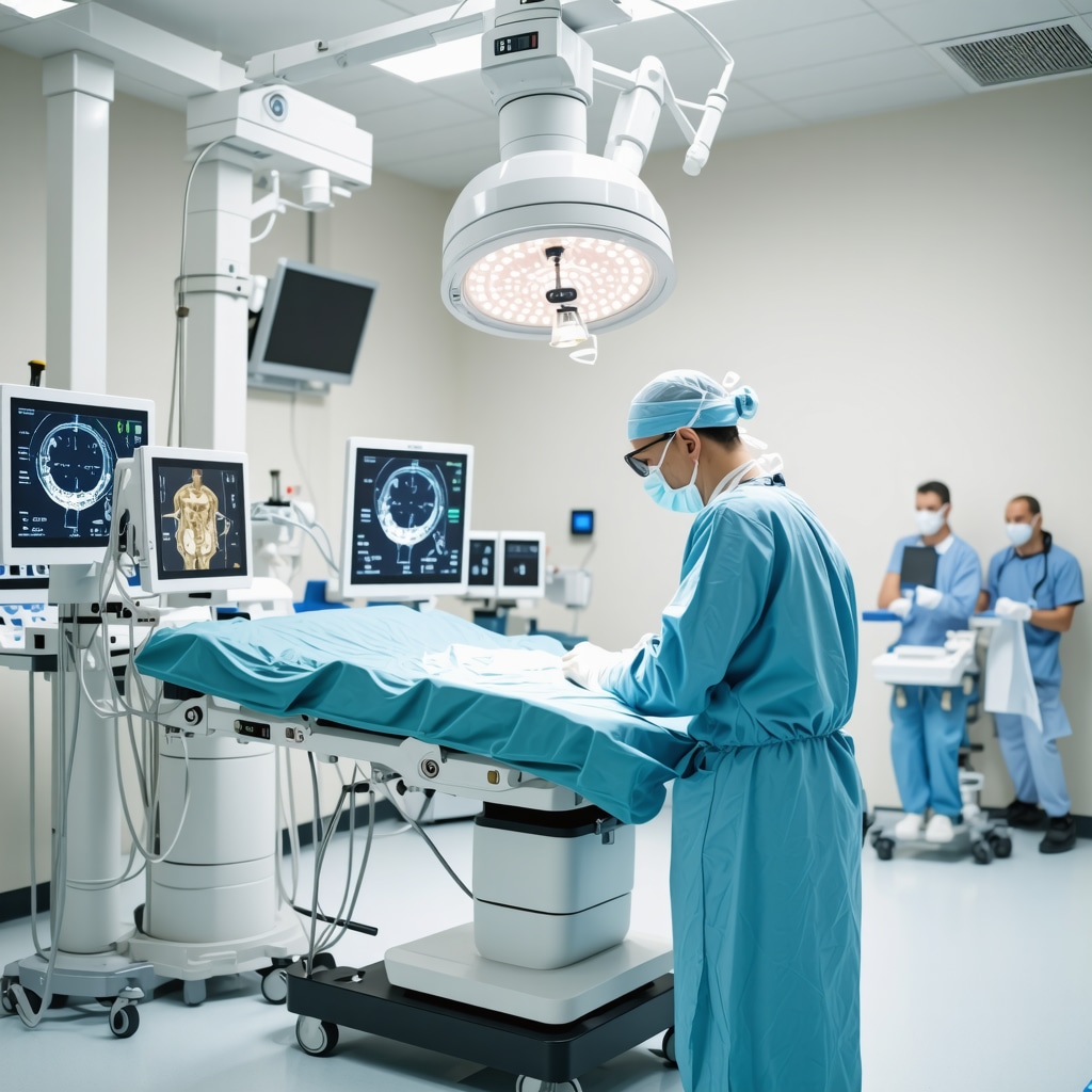 Surgeon performing robotic-assisted spine surgery with augmented reality technology in operating room