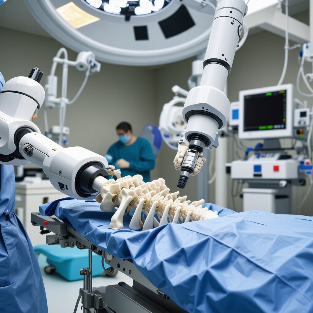 Surgeon performing robotic-assisted herniated disc surgery with augmented reality guidance