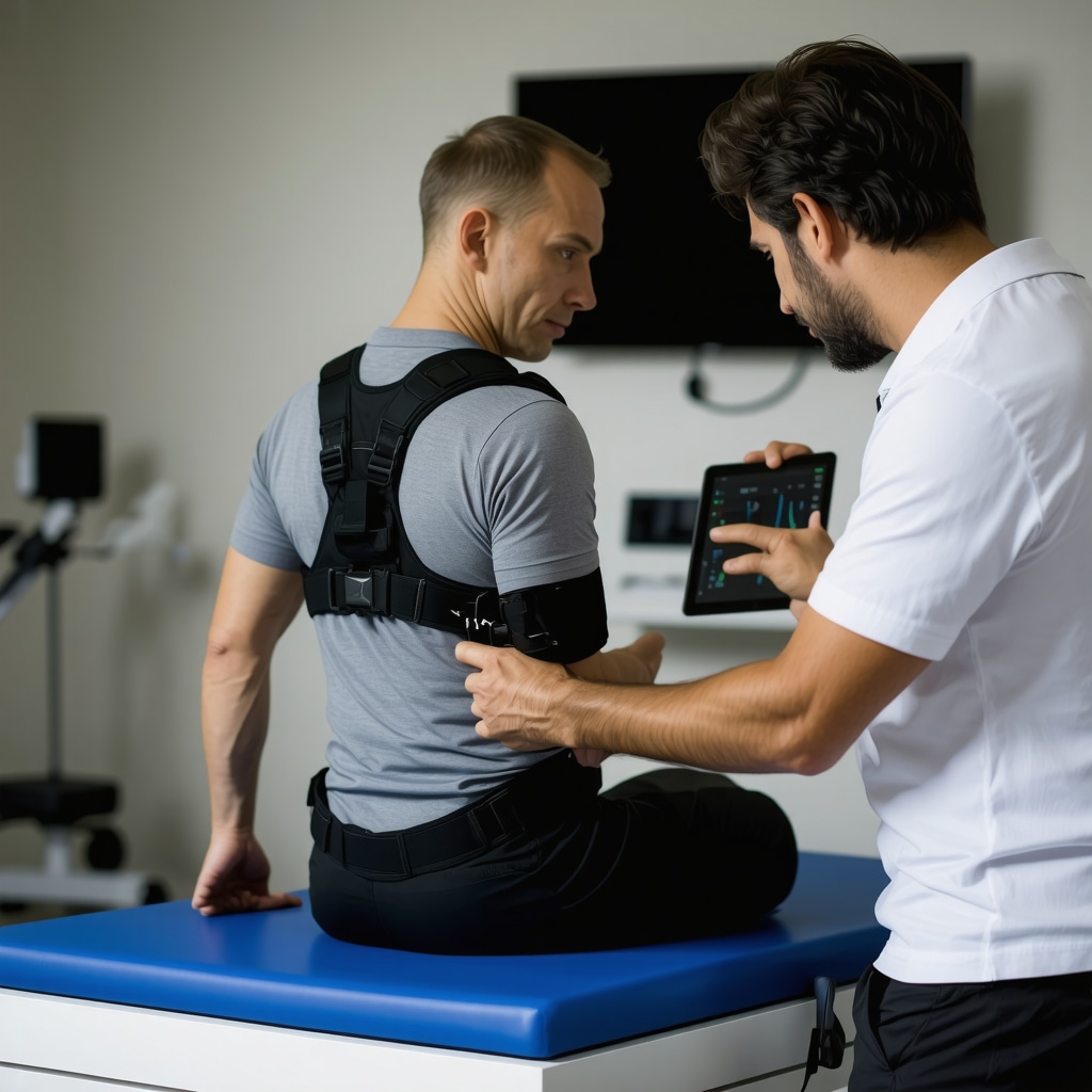 Patient undergoing spinal rehab wearing sensor-equipped smart lumbar brace with clinician monitoring biomechanical data on tablet