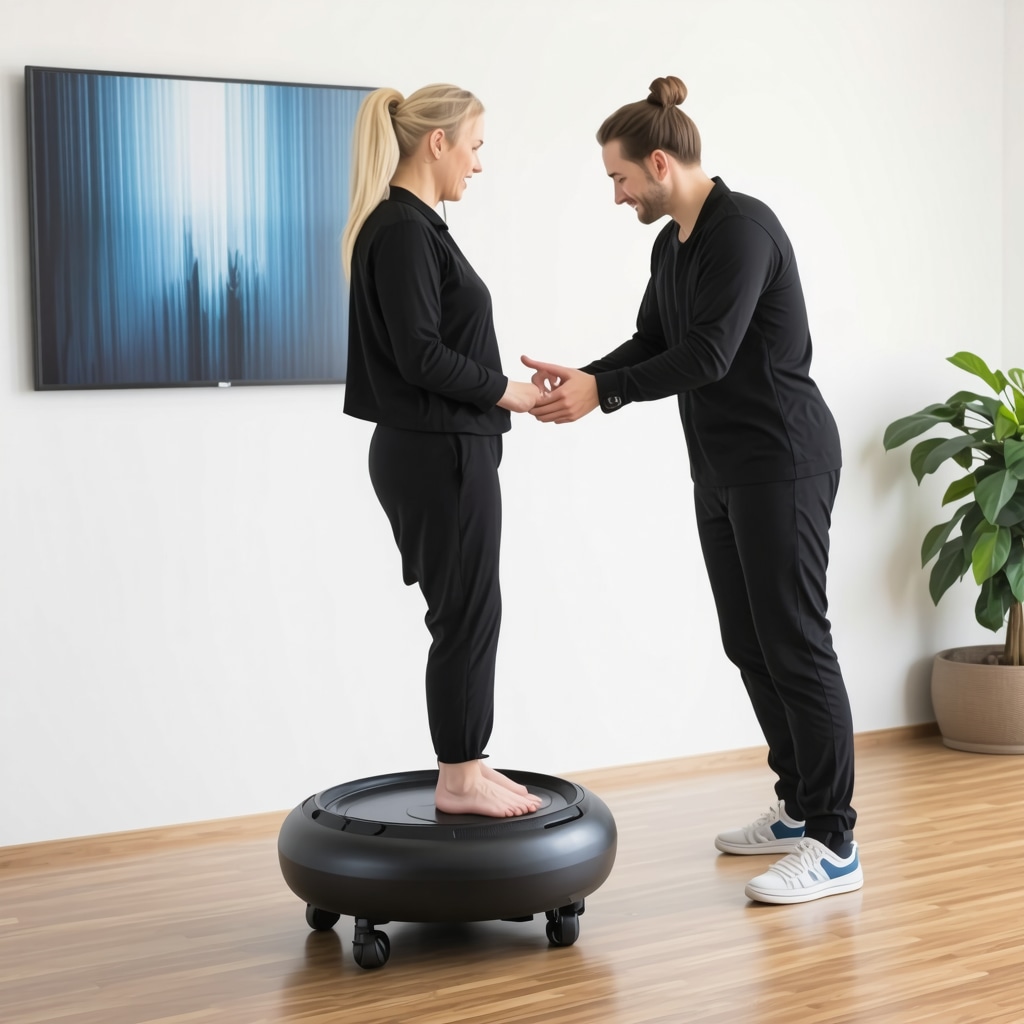 Patient performing balance exercises on wobble board with therapist guidance in a rehab center