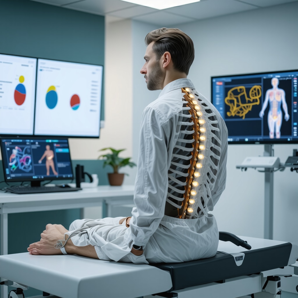 Patient wearing motion sensors for spinal biomechanics analysis with 3D graphical data on monitors