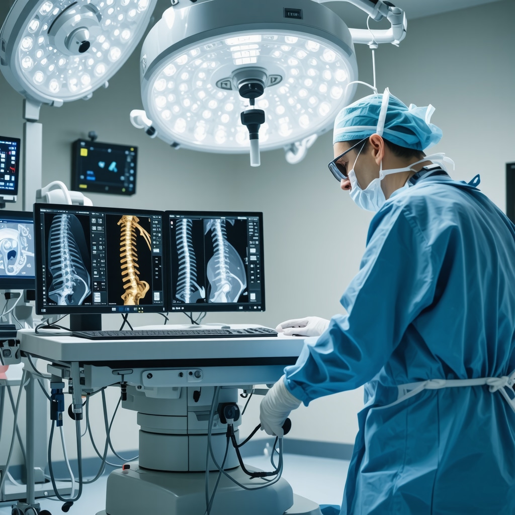 Spine surgeon performing laminectomy with advanced 3D imaging and navigation systems in modern operating room