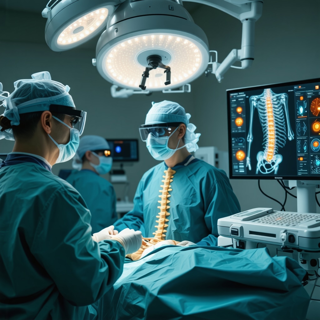 Surgeon wearing AR glasses with 3D spinal holograms and AI data in an advanced spine surgery operating room