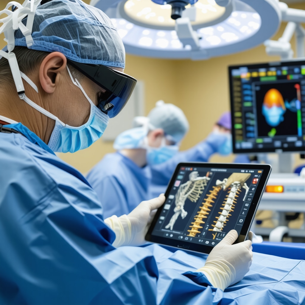 Surgeon wearing augmented reality glasses and using AI-assisted biomechanical modeling during spine surgery in a New Jersey operating room