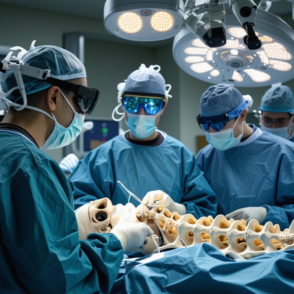 Surgeon wearing augmented reality glasses with 3D spinal anatomy overlays during robotic-assisted spine surgery