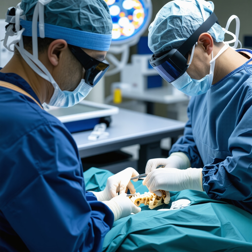 Surgeon using augmented reality glasses displaying 3D spinal anatomy during lumbar surgery