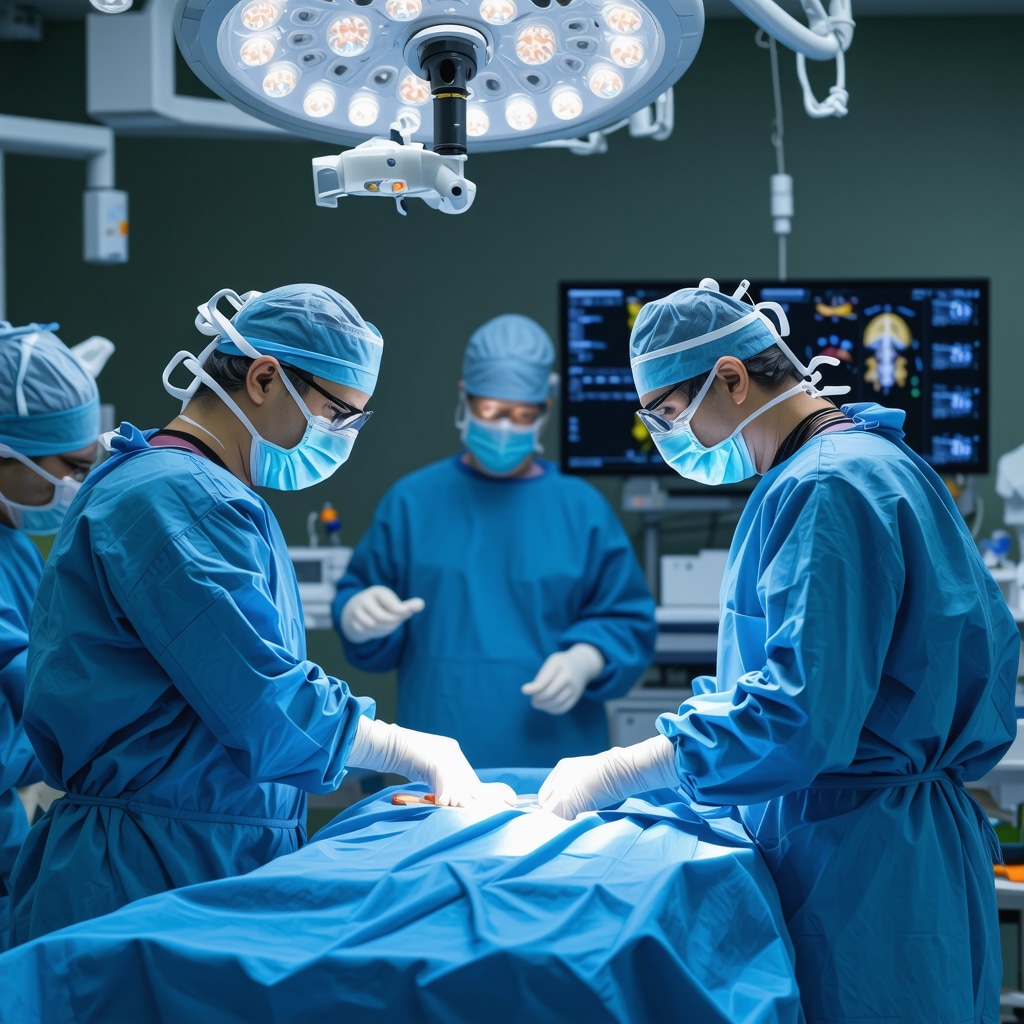 Surgeon using AI-integrated robotic arm for precise spine surgery in a high-tech operating room