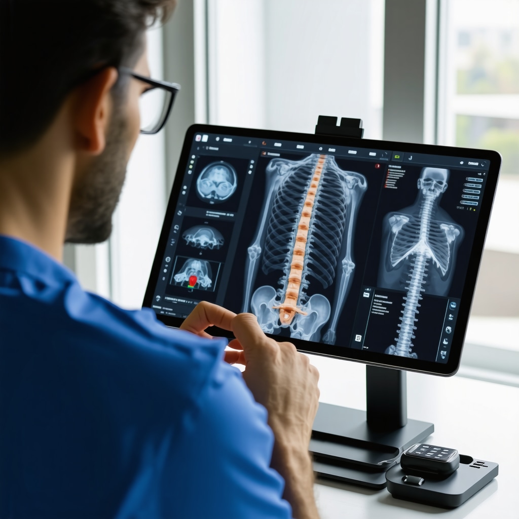 Doctor using tablet to review spine imaging alongside wearable device data for workers compensation patient