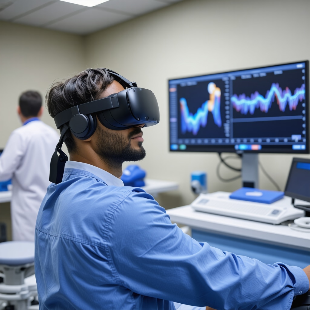 Patient using virtual reality headset for back surgery rehabilitation with clinicians monitoring AI data
