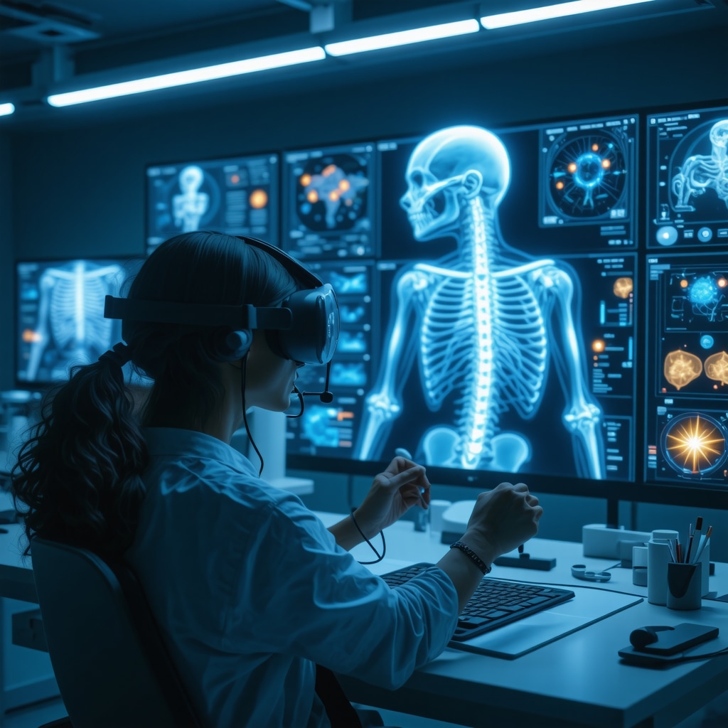 Patient undergoing virtual reality spinal functional assessment with clinicians monitoring biomechanical data in a futuristic medical setting