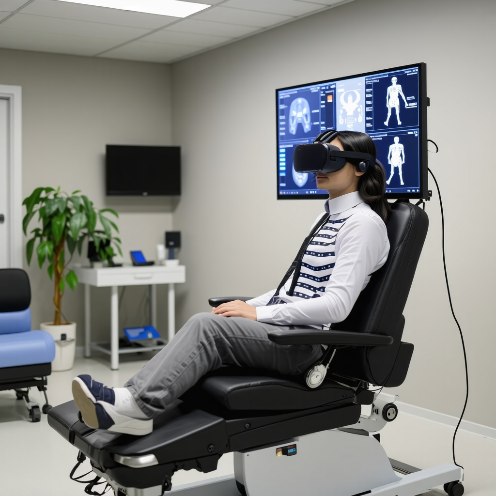 Patient undergoing virtual reality rehabilitation with spinal biofeedback in a clinical setting