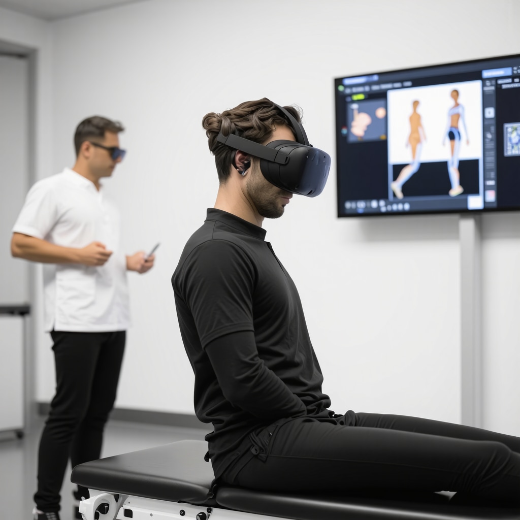 Patient undergoing virtual reality-based spinal rehabilitation with 3D motion capture technology and clinicians analyzing data
