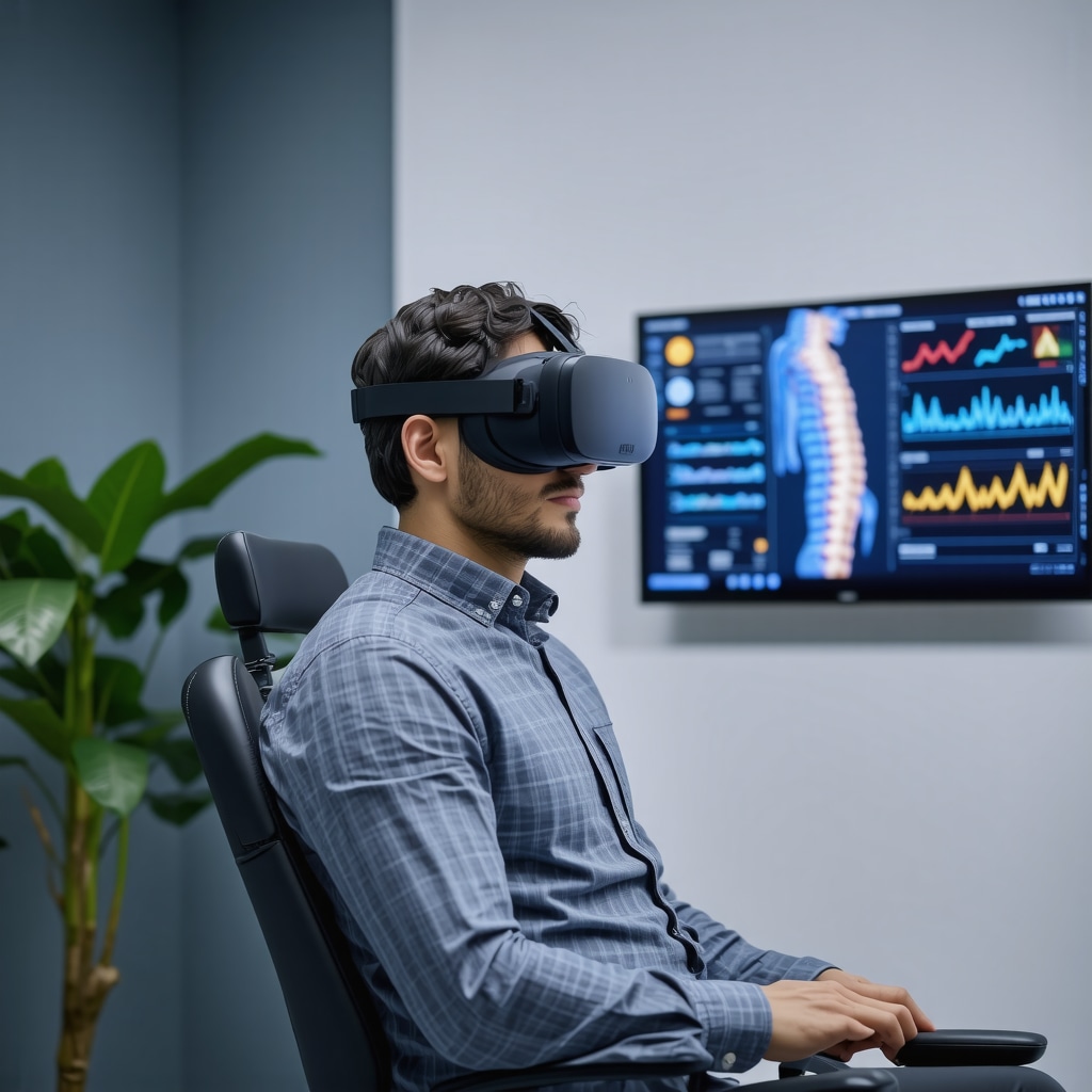 Patient using VR headset with AI data analytics on screen in a New Jersey spine care clinic