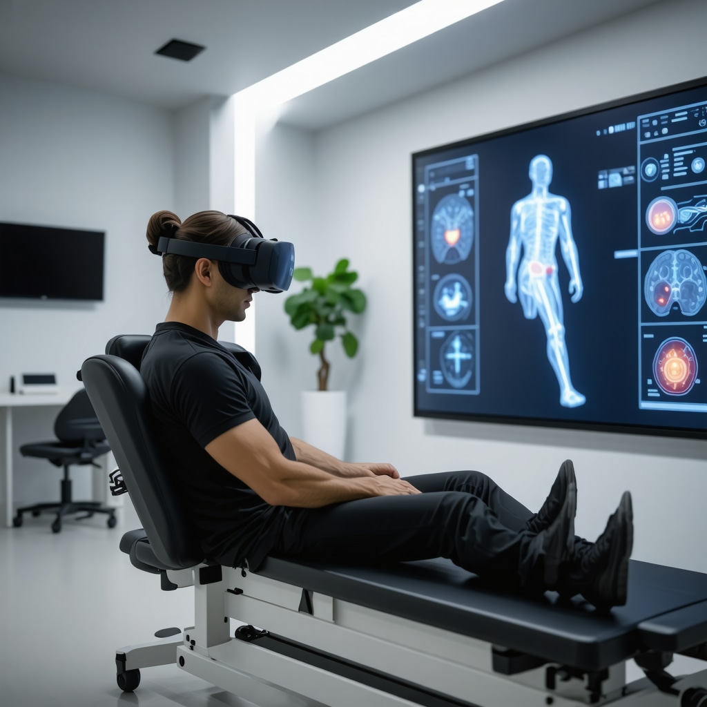 Patient in NJ rehab center using virtual reality headset and motion capture technology during spinal fusion recovery