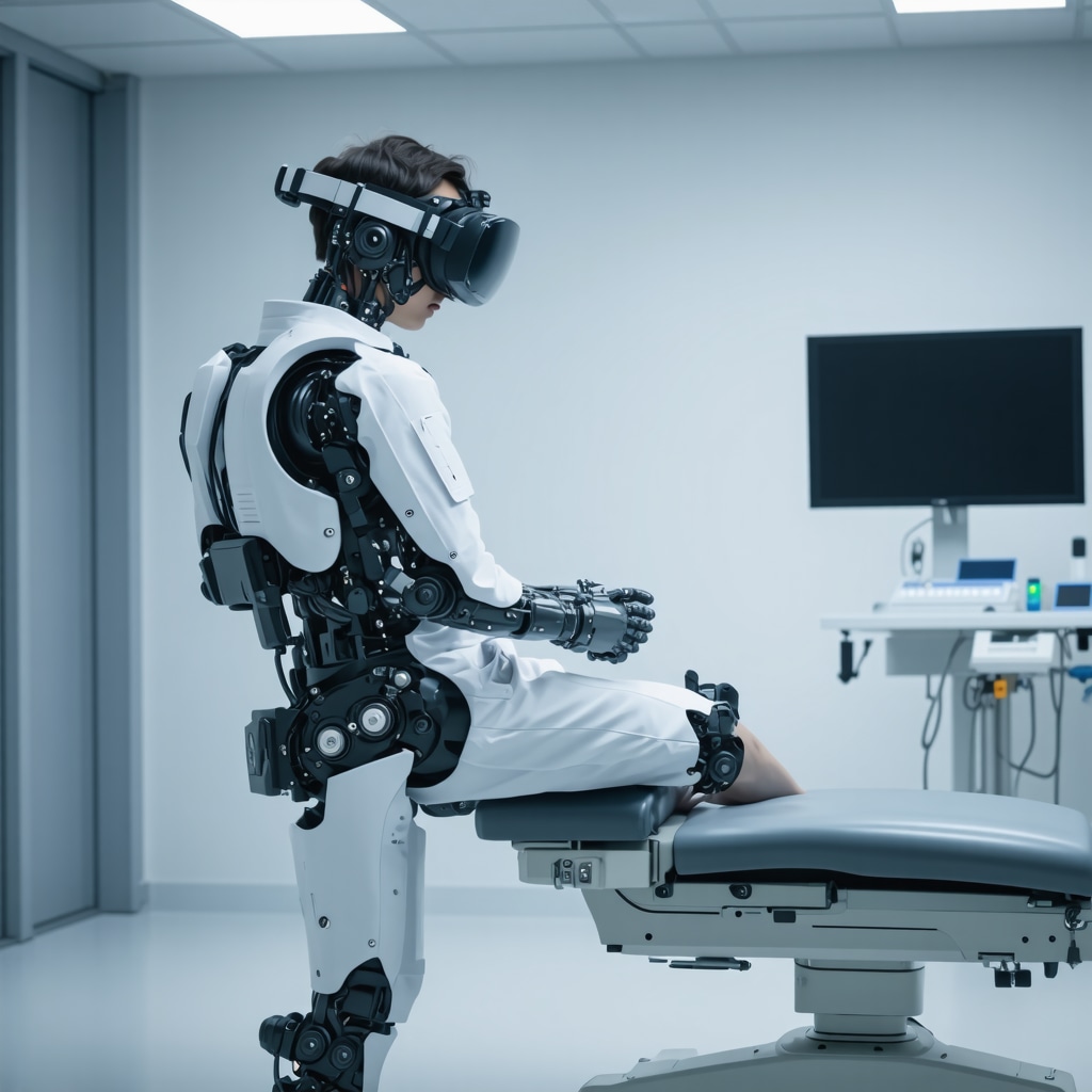 Patient using virtual reality headset and robotic exoskeleton in advanced spine rehabilitation center