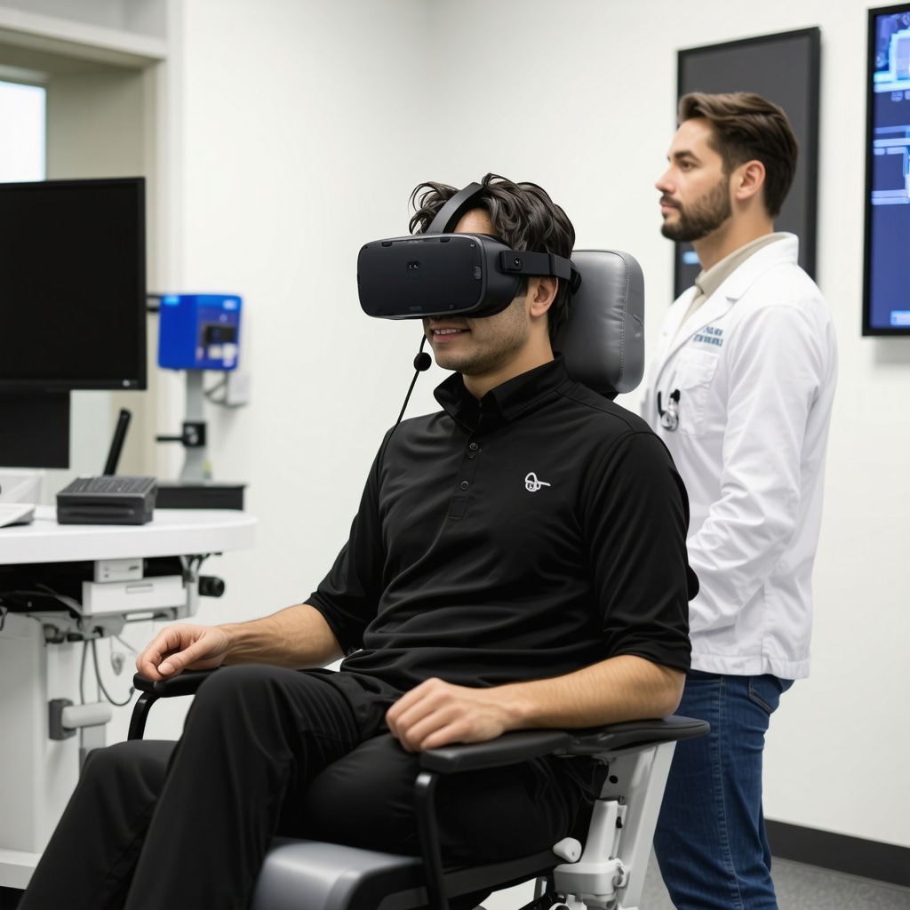 Patient undergoing virtual reality assisted rehabilitation with wearable sensors in a New Jersey clinic
