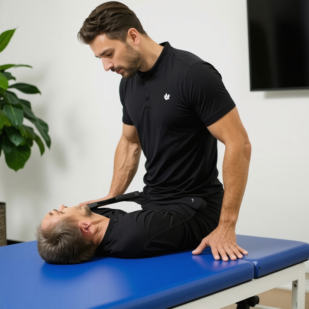 Patient using wearable sensors during spine rehabilitation guided by specialist