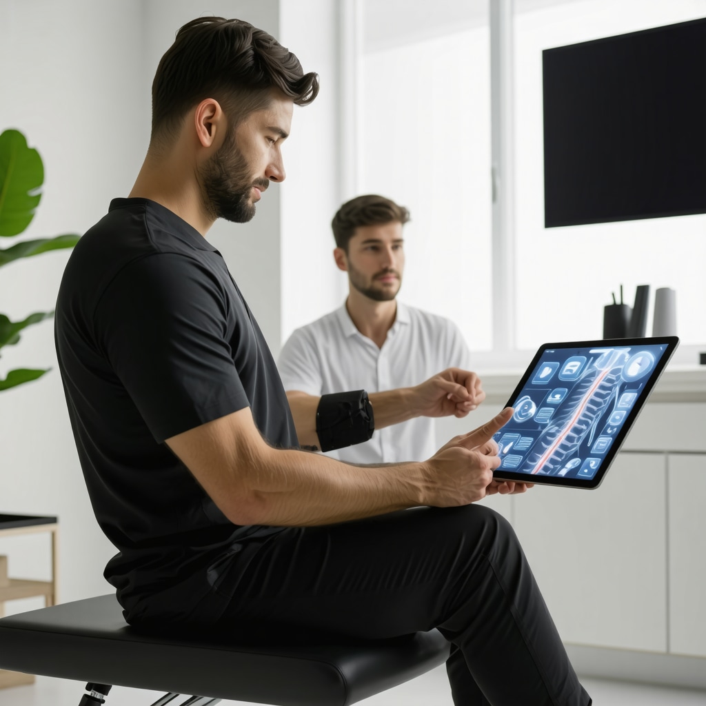 Patient performing spine rehabilitation exercises using wearable sensors and augmented reality technology under clinician supervision